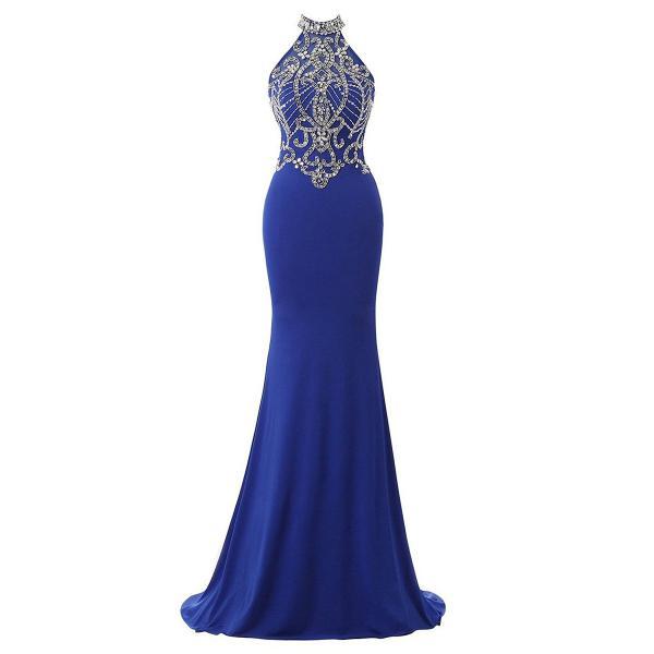 Pretty Crystal Tulle High Neck Prom Dress Sexy Open Back Royal Blue Long Prom Dress Chiffon