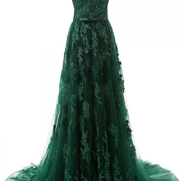 Forest Green Lace Appliqués Tulle Floor Length Prom Dress Featuring One
