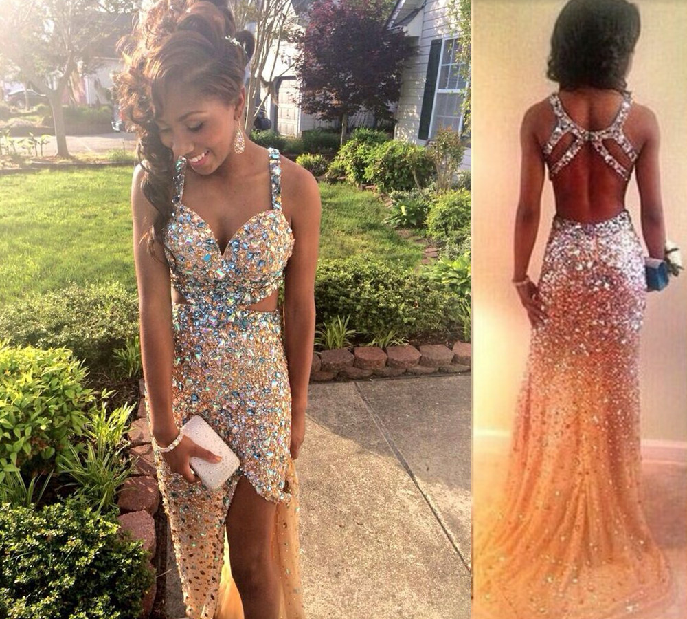 Prom Dresses,Golden Beaded Prom Dresses With Sequins,Sweetheart Straps