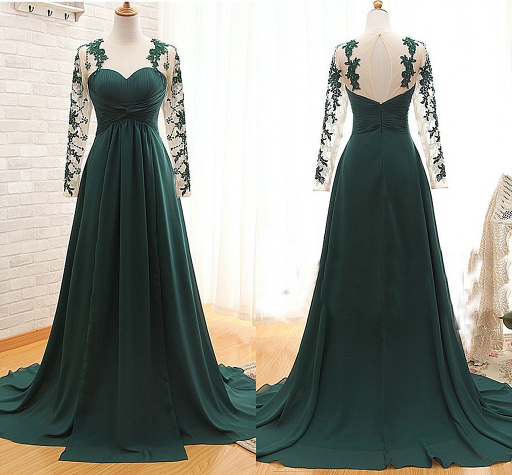 Dark Green Sexy Illusion Long Sleeves Mother Of The Bride Groom Dresses 