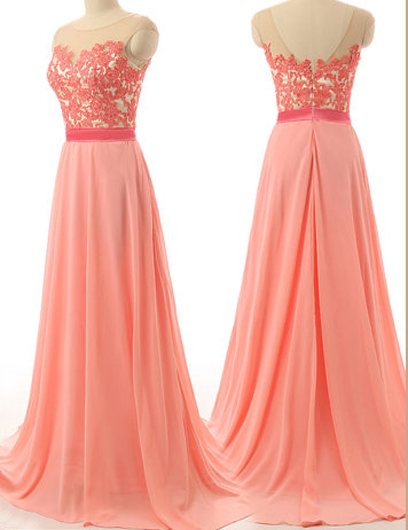 Women's Coral Sweep Train Prom Dress Open Back Bridesmaid Dress Chiffon